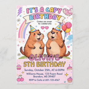 Cute Pink Capy Birthday - Girly Capybara Birthday Invitation
