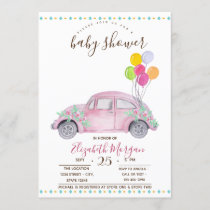 Cute Pink Car,Balloons Zigzag Baby Shower Invitation