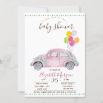 Cute Pink Car,Balloons Zigzag Baby Shower Invitation