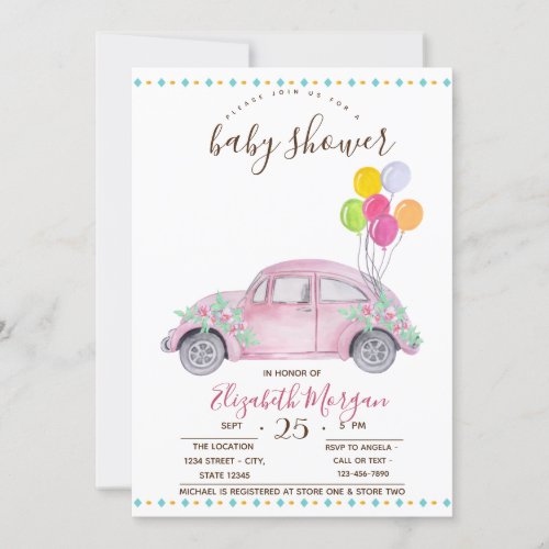 Cute Pink CarBalloons Zigzag Baby Shower Invitation