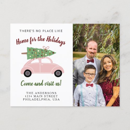 Cute Pink Car Christmas Tree Photo Holiday Moving Announcement Postcard
