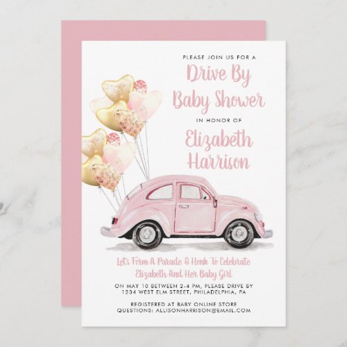 Cute Pink Car Drive By Baby Shower Invitation
