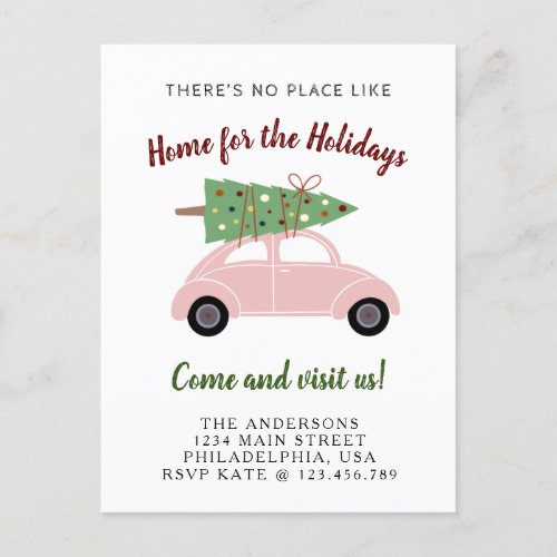 Cute Pink Car with Christmas Tree Holiday Moving Announcement Postcard