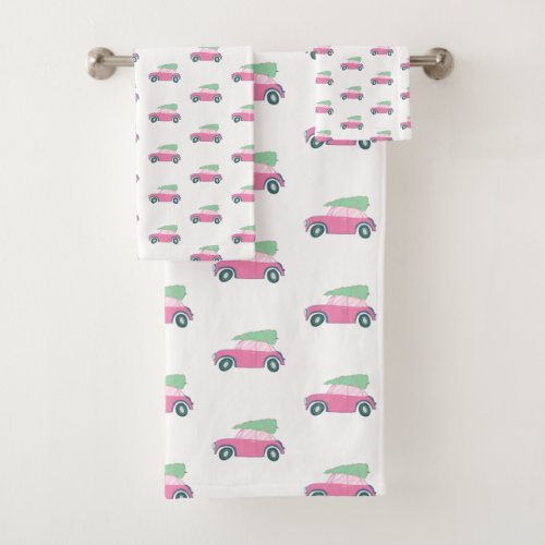 Cute Pink Car with Christmas Tree in Watercolor Bath Towel Set