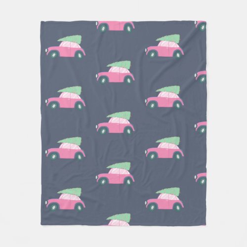 Cute Pink Car with Christmas Tree in Watercolor Fleece Blanket