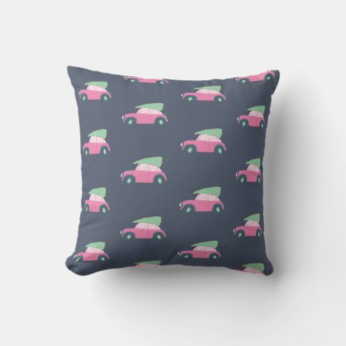 Cute Pink Car with Christmas Tree in Watercolor Throw Pillow