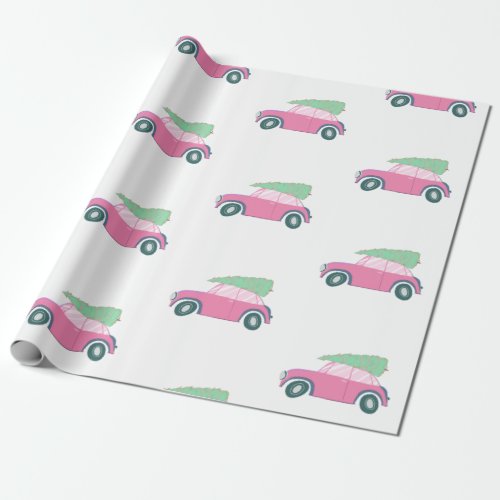 Cute Pink Car with Christmas Tree in Watercolor Wrapping Paper