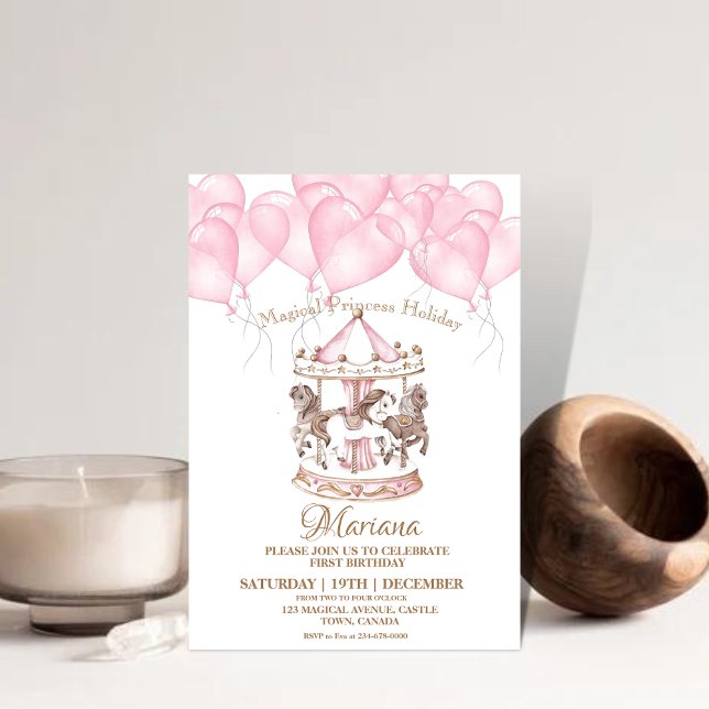 Cute Pink Carousel Unicorn 1st Kids Birthday Party Invitation (Creator Uploaded)
