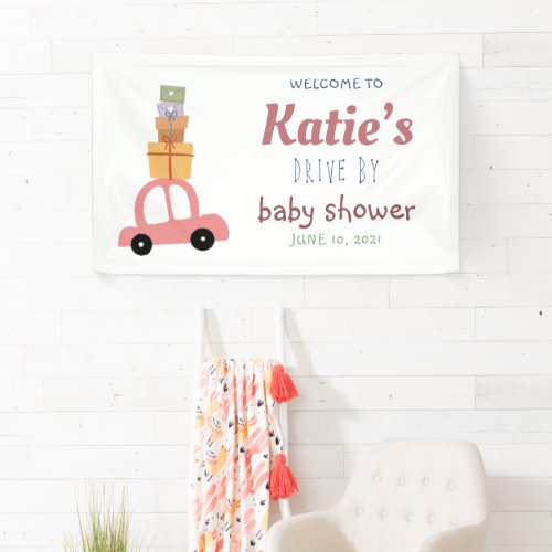 Cute Pink Cars with Gifts Drive by Baby Shower Banner