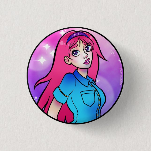 Cute Pink  Cartoon Anime Girl Button (Front)
