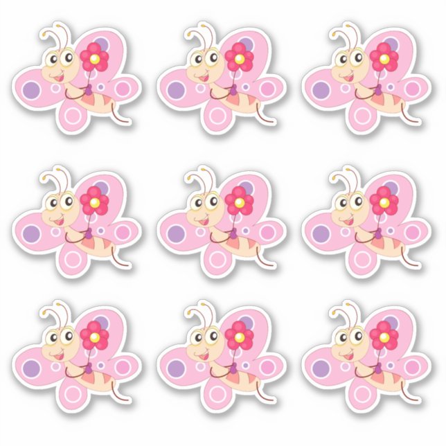 Cute Pink Cartoon Butterfly Sticker (Front)