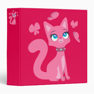 Cute Pink Cartoon Cat and Butterflies 3 Ring Binder