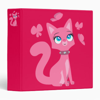 Cute Pink Cartoon Cat and Butterflies 3 Ring Binder