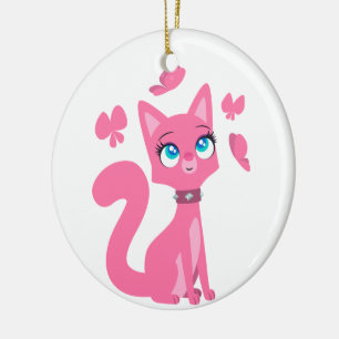 Cute Pink Cartoon Cat and Butterflies Ceramic Ornament