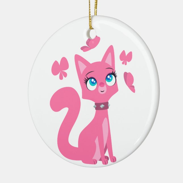 Cute Pink Cartoon Cat and Butterflies Ceramic Ornament (Left)
