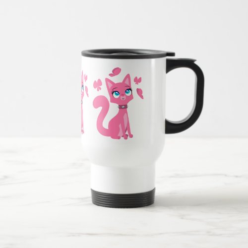 Cute Pink Cartoon Cat and Butterflies Commuter Mug