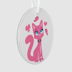 Cute Pink Cartoon Cat and Butterflies Ornament