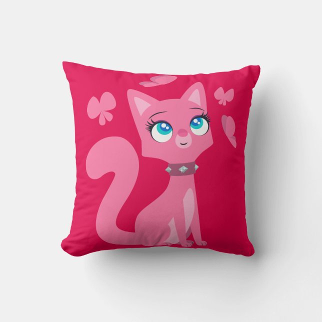 Cute Pink Cartoon Cat and Butterflies Throw Pillow (Front)