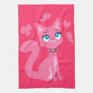 Cute Pink Cartoon Cat and Butterflies Towel