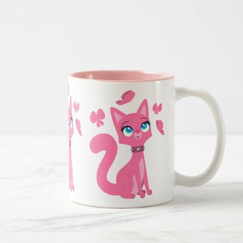 Cute Pink Cartoon Cat and Butterflies Two_Tone Coffee Mug