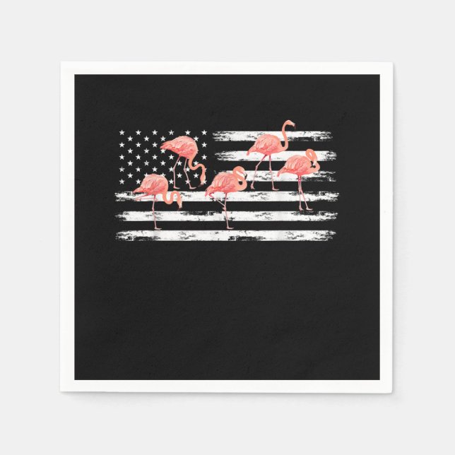 Cute Pink Cartoon Flamingo USA Flag 4th Of July Napkins (Front)