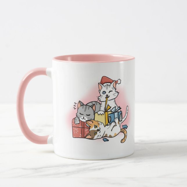 Cute Pink Cartoon Kitten Christmas Mug (Left)