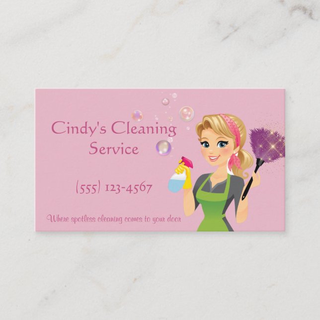 Cute Pink Cartoon Maid House Cleaning Services Business Card (Front)