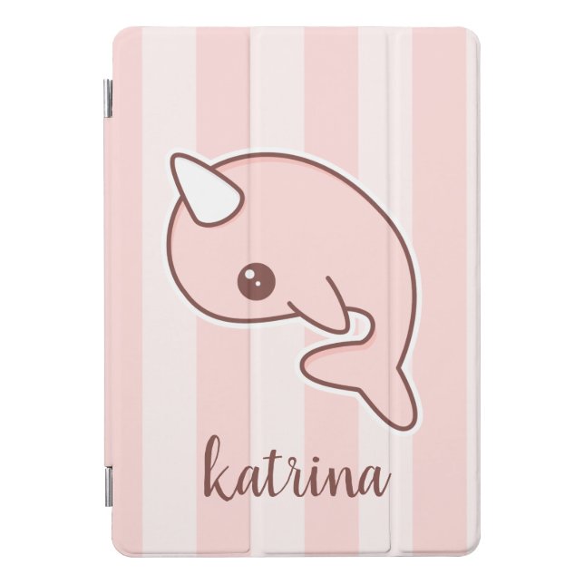 Cute Pink Cartoon Narwhal With stripes iPad Pro Cover (Front)