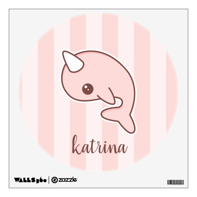 Cute Pink Cartoon Narwhal With stripes Wall Decal (Front)