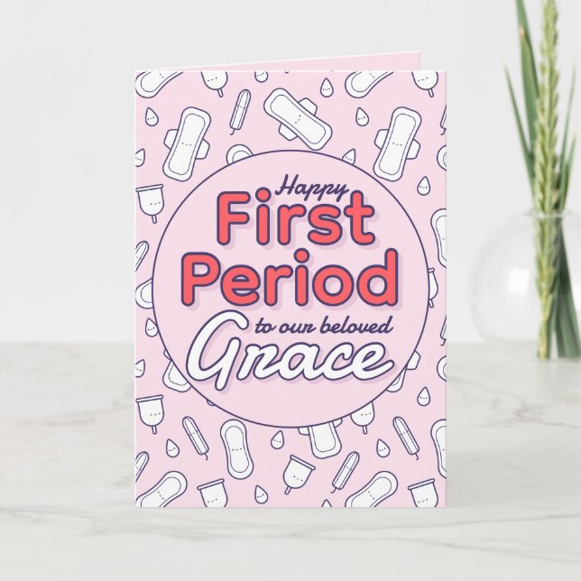 Cute Pink Cartoon Pad Tampon First Period Card (Front)