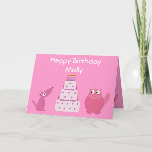 Cute Pink Cartoon Pets  Birthday Cake Card