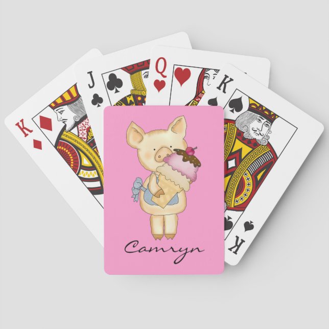 Cute Pink Cartoon Pink Ice Cream Cone Monogram Poker Cards (Back)