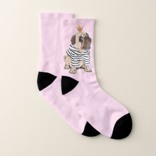 Cute Pink Cartoon Pug with Crown and Donut Socks