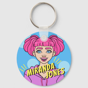 Cute Pink Cartoon Teen Girl Portrait Name Keychain