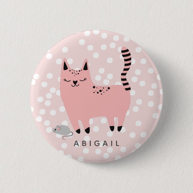 Cute Pink Cat and Polkadots - Personalized Girls  Button (Front)