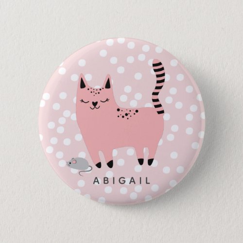 Cute Pink Cat and Polkadots _ Personalized Girls  Button