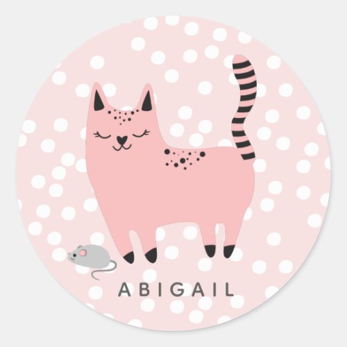 Cute Pink Cat and Polkadots _ Personalized Girls Classic Round Sticker