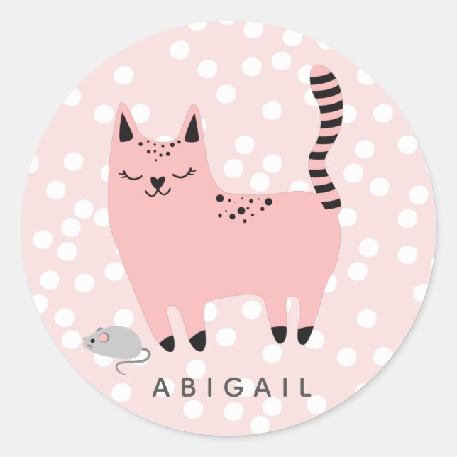 Cute Pink Cat and Polkadots - Personalized Girls Classic Round Sticker (Front)