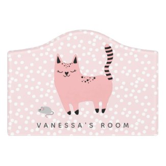 Cute Pink Cat and Polkadots - Personalized Girls  Door Sign