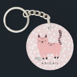 Cute Pink Cat and Polkadots - Personalized Girls Keychain<br><div class="desc">NewParkLane - Cute Kids' Keychain, featuring a sweet pink cat cartoon, against a pink background with white polkadots. Fun personalized party gift for any girl. Easy to customize in Zazzle with your own text for a personalized design. All text styles, colors, sizes can be modified to fit your needs. Check...</div>