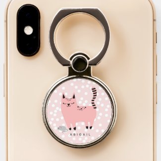 Cute Pink Cat and Polkadots - Personalized Girls  Phone Ring Stand