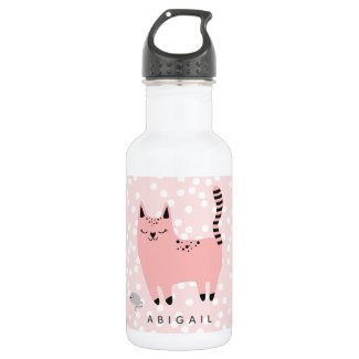 Cute Pink Cat and Polkadots - Personalized Girls Stainless Steel Water Bottle
