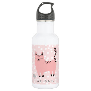 Cute Pink Cat and Polkadots - Personalized Girls Stainless Steel Water Bottle