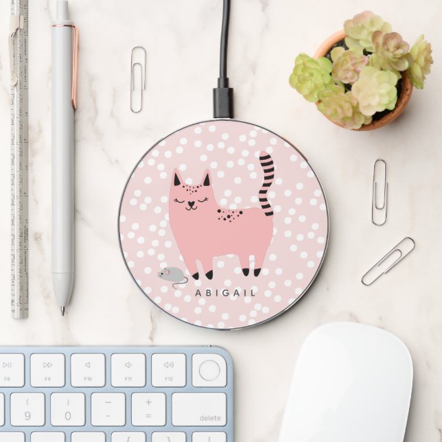 Cute Pink Cat and Polkadots - Personalized Girls Wireless Charger (Desk)