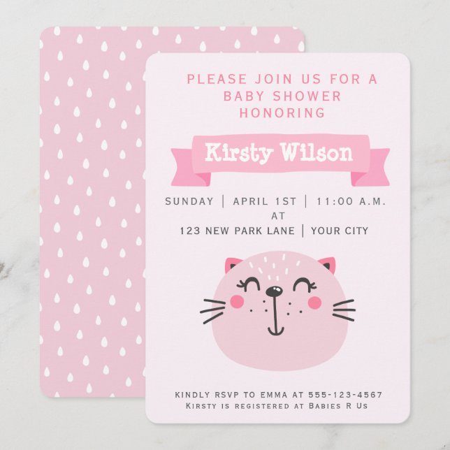 Cute Pink Cat | Baby Shower Invitation (Front/Back)