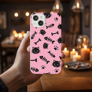 Cute Pink Cat Bones Fish Paw Pattern iPhone 12 Case