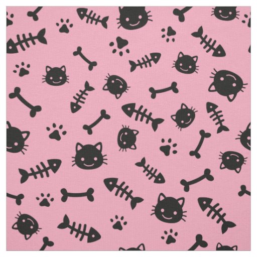Cute Pink Cat Bones Fish Paw Pattern Fabric