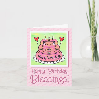 Cute Pink Cat Cake Happy Birthday Blessings Card