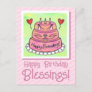 Cute Pink Cat Cake Happy Birthday Blessings Postcard