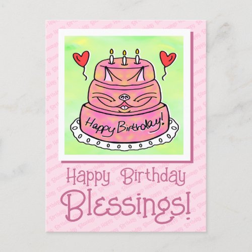 Cute Pink Cat Cake Happy Birthday Blessings  Postcard
